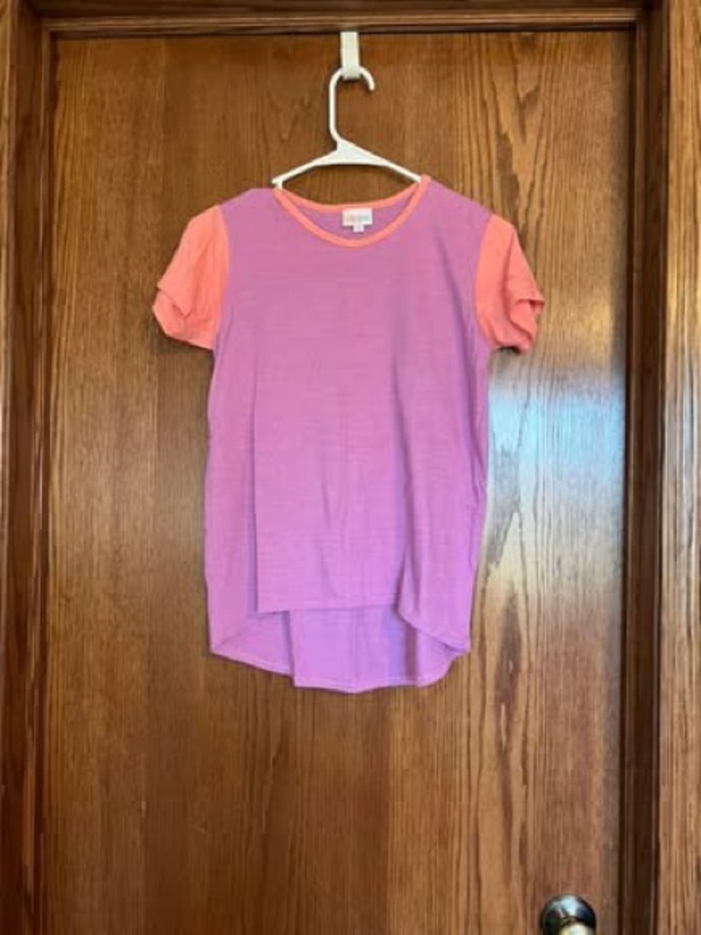 LuLaRoe Pink Body with Coral Short Sleeves Girls Tee